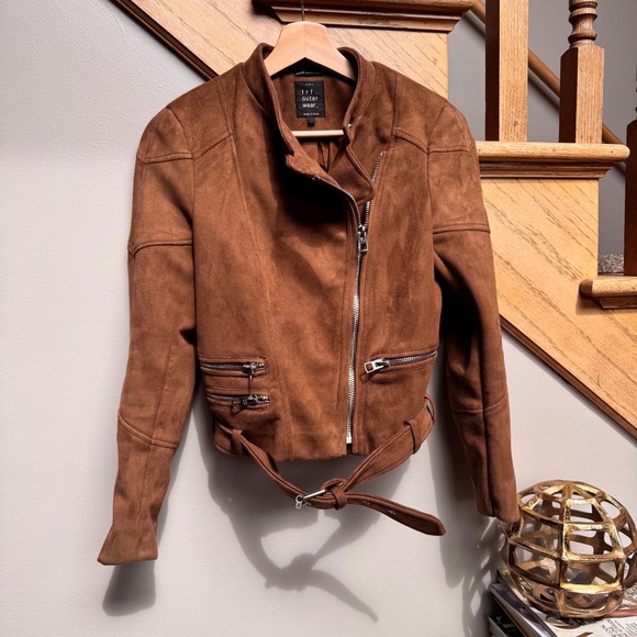 Zara Chocolate Brown Mocha Faux Suede Moto Biker Jacket XS Belted Y2K Boho - Picture 2 of 7